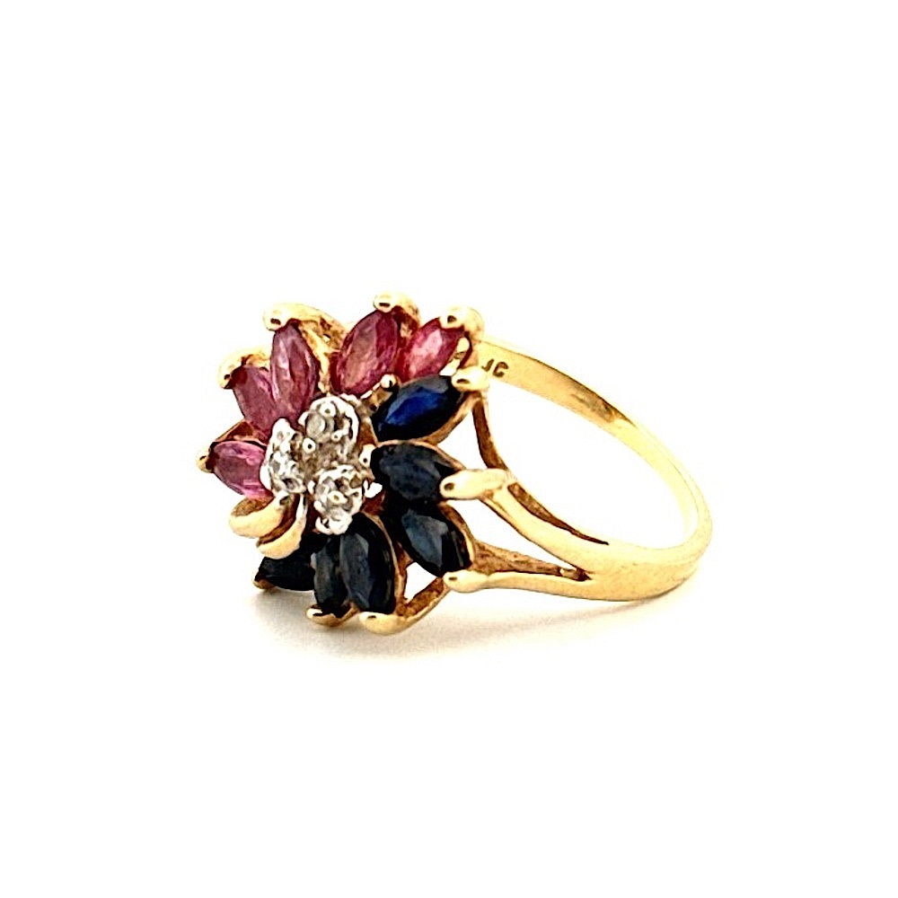 14K Yellow Gold, Pink and Blue Sapphires and Diamonds Ring 4.2g - Picture 5 of 14